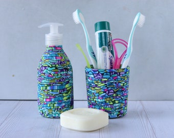 Liquid Soap Dispenser and Toothbrush Set - Bright Teal, Green, Purple