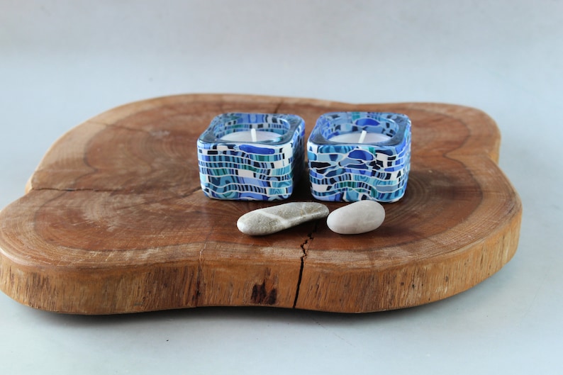 Blue and White Tea Candle Holders Made With Polymer Clay image 9