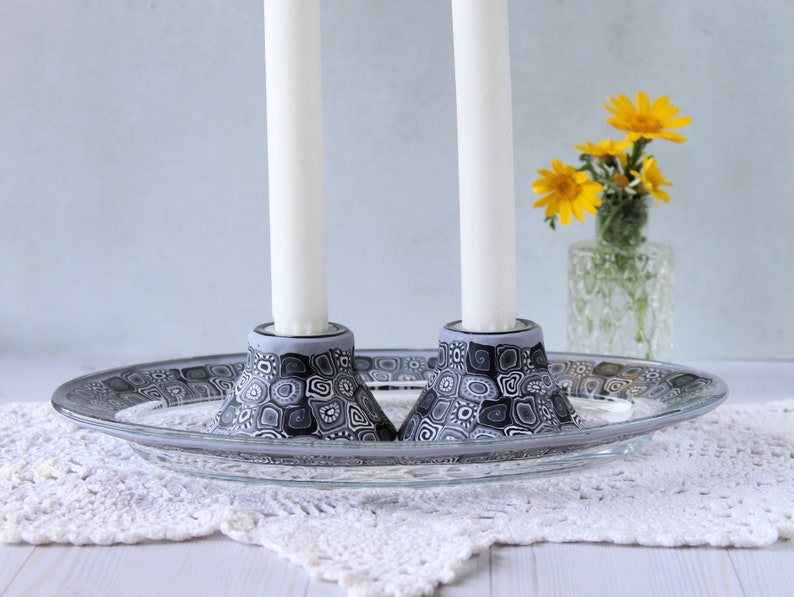 Shabbat Set of Black and White Candlesticks and Plate Etsy