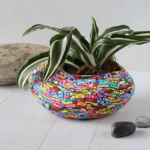 May include: A colourful, abstract patterned ceramic planter with a green and white striped plant inside. The planter is shaped like a rounded oval and is sitting on a white wooden surface.