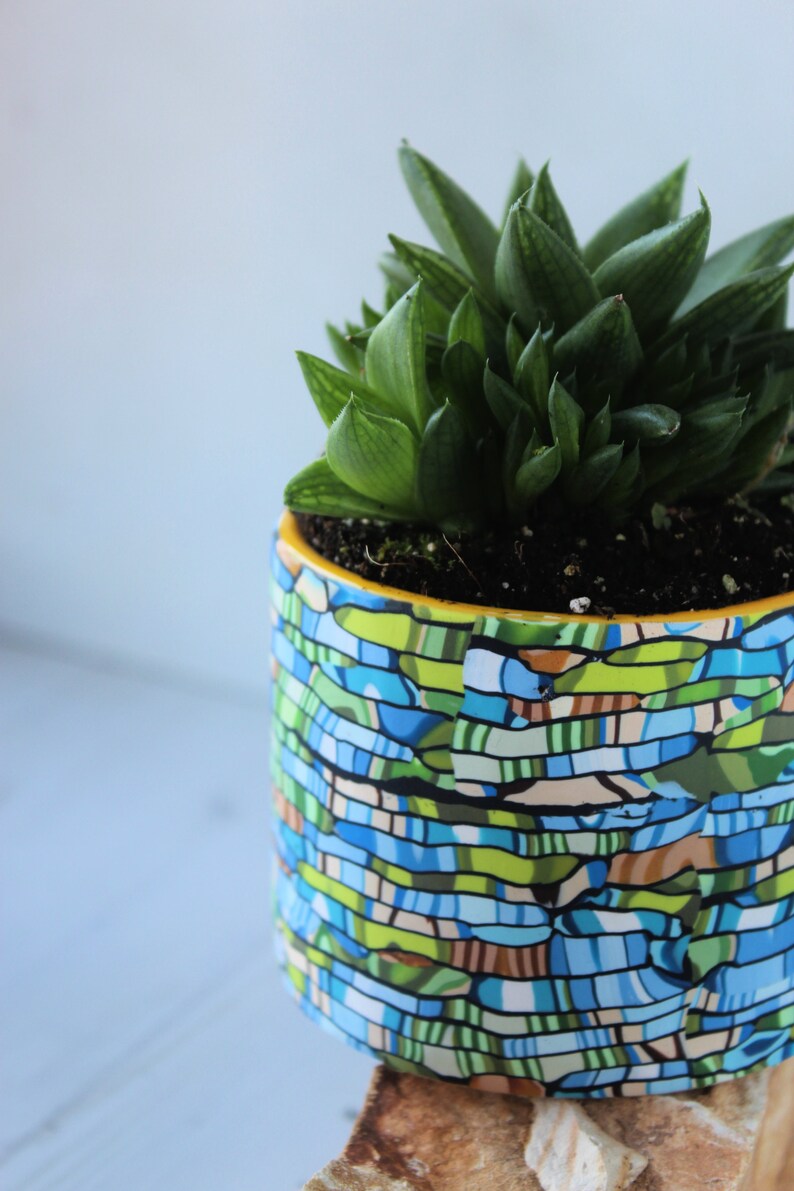 Indoor Planter: Mini Teal, Green & Brown Unique Plant Pot image 7