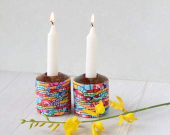 Colorful Shabbat Candlesticks, Jewish Candle Holder, Mother's Day Gift