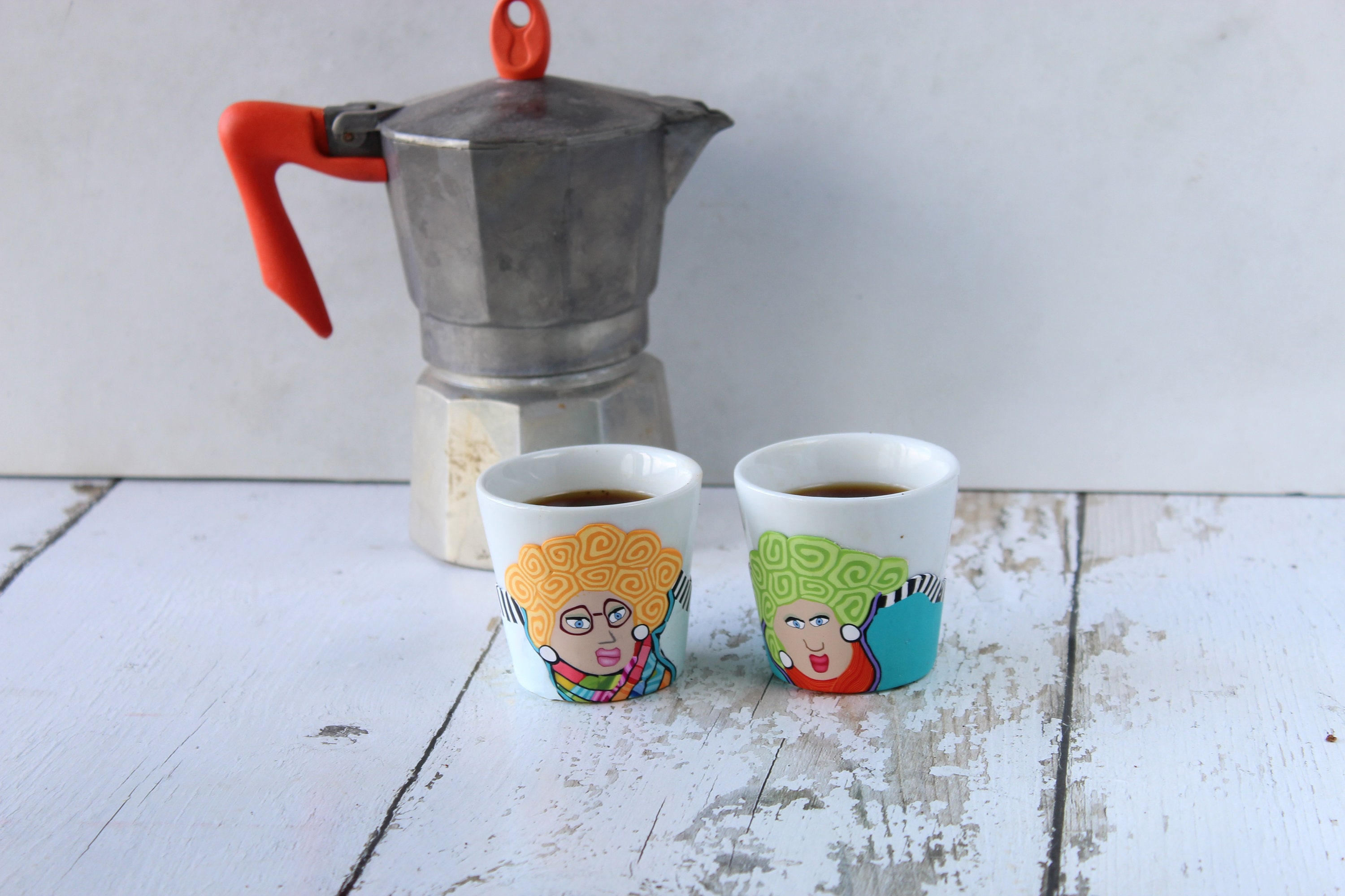 Set of Two Vibrant Funny Cute Espresso Cups 