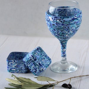 Blue and White Set for Shabbat, Kiddush Cup and Tea Light Candle Holders image 6