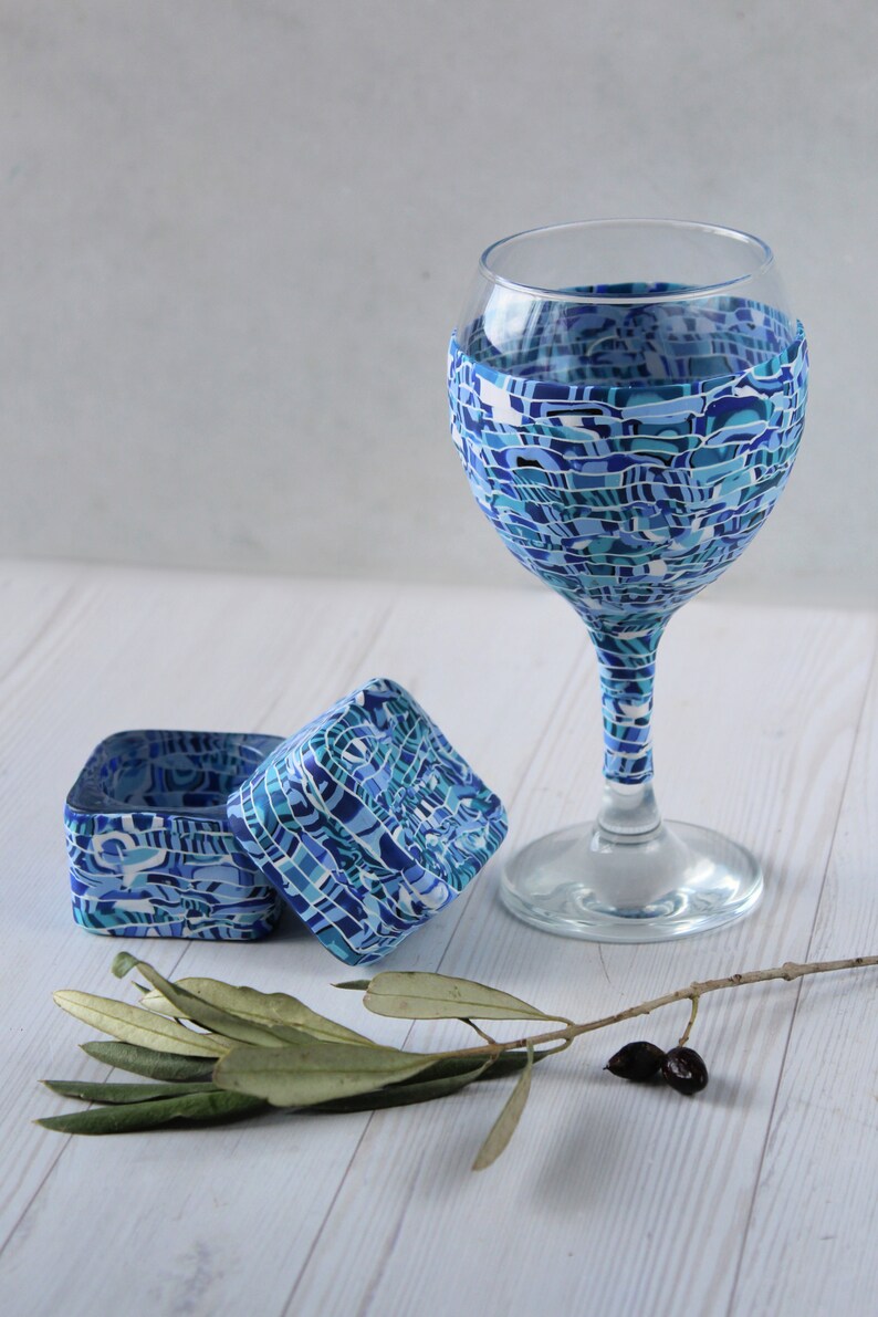 Blue and White Set for Shabbat, Kiddush Cup and Tea Light Candle Holders image 6