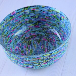 Handmade Polymer Clay Coated Glass Bowl Colorful Teal, Green, Purple Salad Server image 5