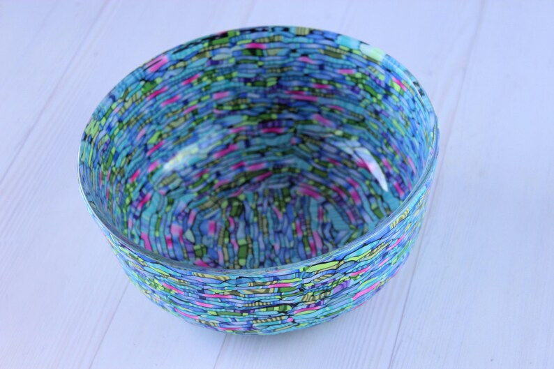 Handmade Polymer Clay Coated Glass Bowl Colorful Teal, Green, Purple Salad Server image 5