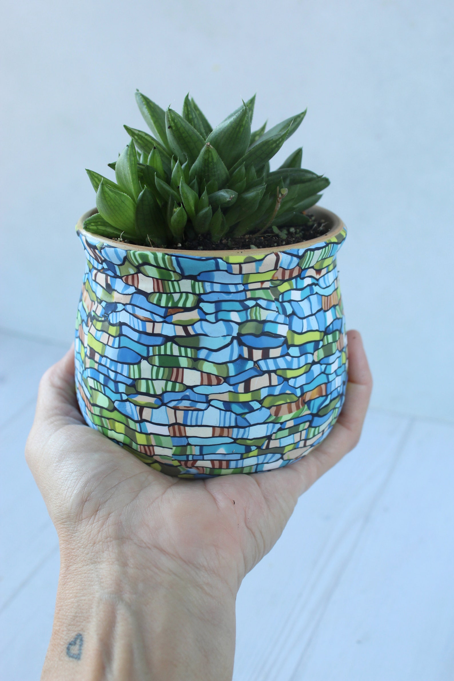 Small Colorful Indoor Plant Pot Teal Green and Brown Planter Etsy