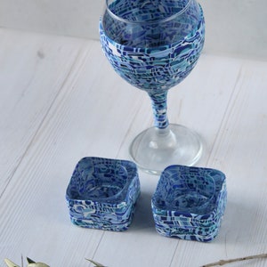 Blue and White Set for Shabbat, Kiddush Cup and Tea Light Candle Holders image 5