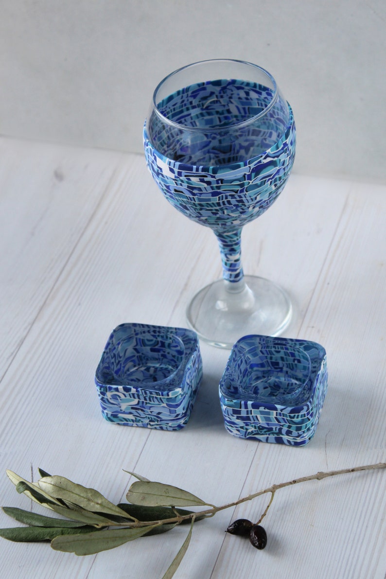 Blue and White Set for Shabbat, Kiddush Cup and Tea Light Candle Holders image 5