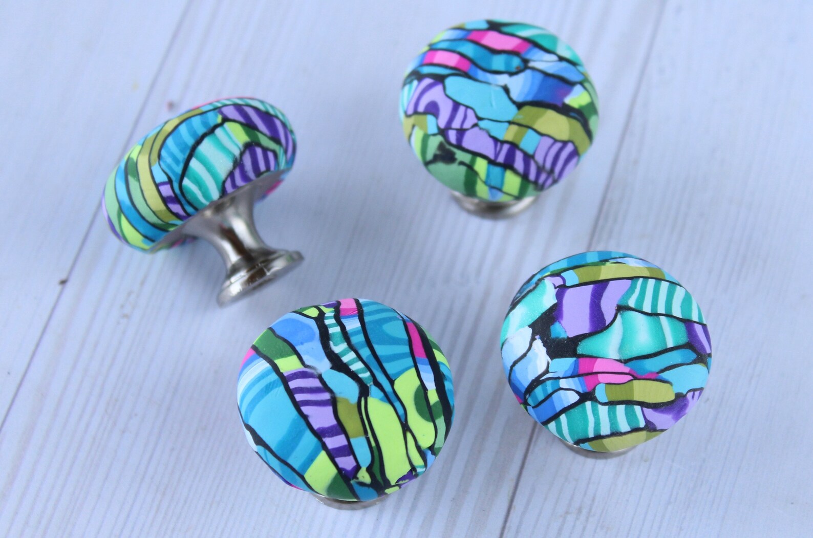 Set of 4 Teal Decorative Knobs Made With Polymer Clay Etsy
