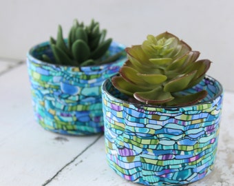 Succulent  Indoor Planters, set of 2 Bright and colorful, teal and green small pots