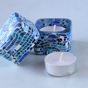 Blue and White Tea Candle Holders Made With Polymer Clay image 3