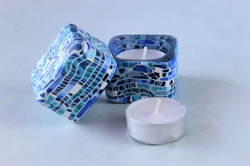 Blue and White Tea Candle Holders Made With Polymer Clay image 3