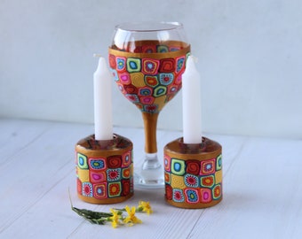 Colorful Set for Shabbat, Kiddush Cup and Double-Sided Candle Holders