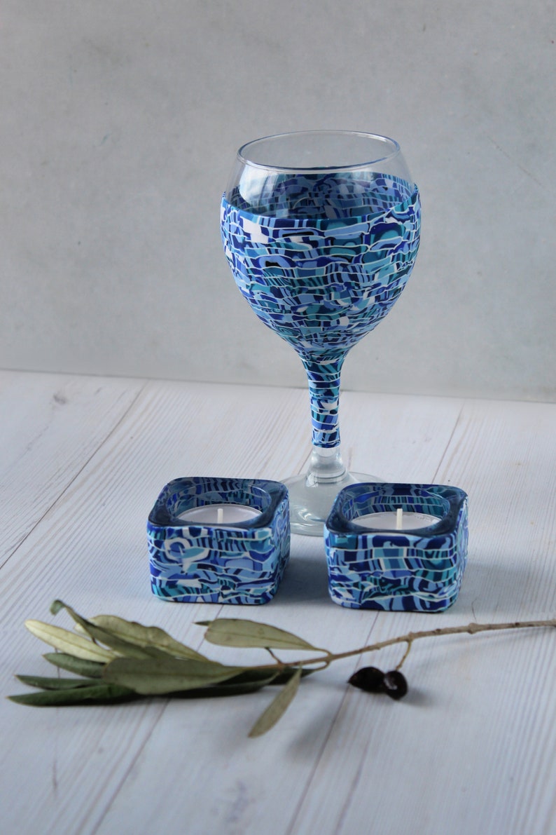 Blue and White Set for Shabbat, Kiddush Cup and Tea Light Candle Holders image 2