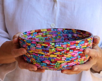 Colorful salad serving glass bowl coated with polymer clay