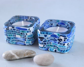 Blue and White Tea Candle Holders Made With Polymer Clay