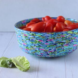 Teal, Blue, Green and Purple Salad Serving Glass Bowl Coated with Polymer Clay
