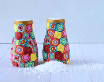 Salt and Pepper Shakers Set Made from Porcelain and Polymer Clay, Unique & Colorful