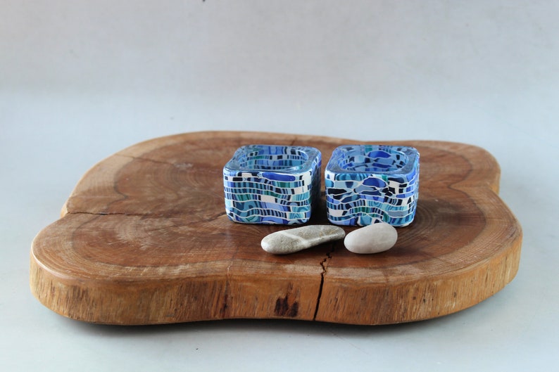 Blue and White Tea Candle Holders Made With Polymer Clay image 7
