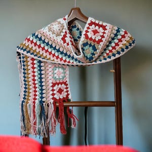 Granny Square Crochet Long Scarf | Unique Handmade Gift with Tassel | Custom Crochet Scarf for Cozy Fashion
