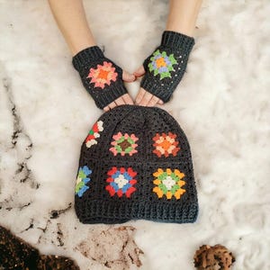 Fingerless Gloves Winter Hat Set - Retro Style Crochet Beanie & Warm Accessories for Women, Granny Square Design