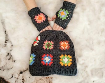 Fingerless Gloves Winter Hat Set - Retro Style Crochet Beanie & Warm Accessories for Women, Granny Square Design