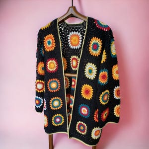 Crochet Granny Square Black Cardigan, Mother's Day Gift, Cotton Handmade Unisex Oversize Cardigan, Colorful Cardigan, Boheme Cardigan