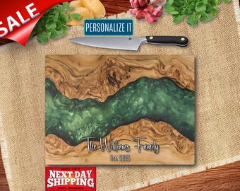 Personalized Glass Charcuterie Board Christmas Gift Epoxy River Resin Glass Cutting Board, Custom Olive Wood Chopping Board, Realtor Closing