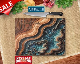 Ocean Wave and Abstract Wood Glass Cutting Board Design – Turquoise Geode Style Kitchen Décor & Serving Board Gift