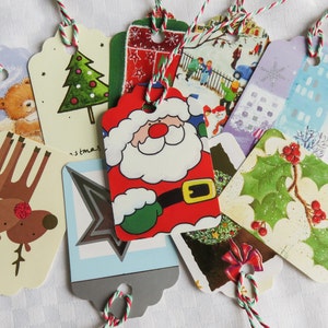 Upcycled Christmas Gift Tags, Set of 10 strung gift tags, Holiday Gift Tags, Parcel Tags image 1