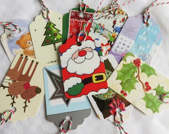 Upcycled Christmas Gift Tags, Set of 10 strung gift tags, Holiday Gift Tags, Parcel Tags