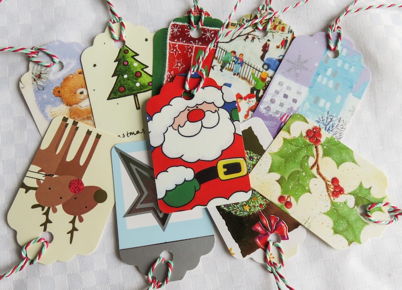 Upcycled Christmas Gift Tags, Set of 10 strung gift tags, Holiday Gift Tags, Parcel Tags image 1