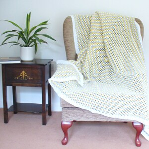 Large Granny Square Crochet Blanket or Afghan in Yellow White Gray, Double Bed size