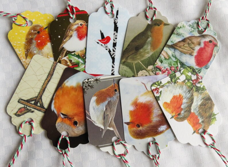 Upcycled Christmas Gift Tags, Set of 10 strung gift tags, Holiday Gift Tags, Parcel Tags image 4