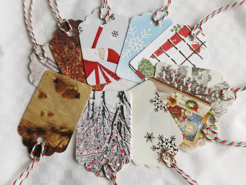 Upcycled Christmas Gift Tags, Set of 10 strung gift tags, Holiday Gift Tags, Parcel Tags image 2