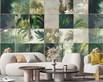 botanical wallpaper TROPITILE, tiles with palm trees, flowers and birds, plants, peel and stick wallpaper, non-woven wallpaper, wall mural.