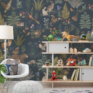 kids wallpaper FOREST FRIENDS navy, cute animals in forest, animated woodland accent wall, removable peel and stick or non-woven