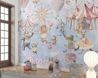Vintage Circus Wallpaper Mural Storybook Animal Carnival Scene Pastel Nursery Kids Room Decor