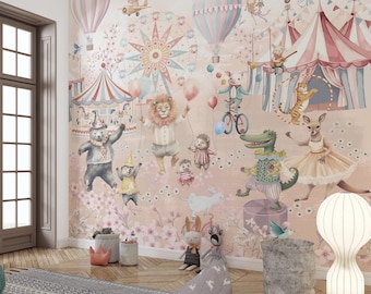 Papel pintado rosa con animales de circo para habitación infantil, mural de pared autoadhesivo y removible con globos y decoración de carnaval.