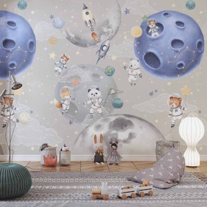 Space Astronaut Animals Wall Mural Neutral Galaxy Planets Nursery Wallpaper Peel and Stick Removable