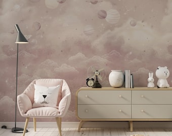 Pink Galaxy Wall Mural Dreamy Planets Clouds Girls Nursery Wallpaper Peel and Stick Removable