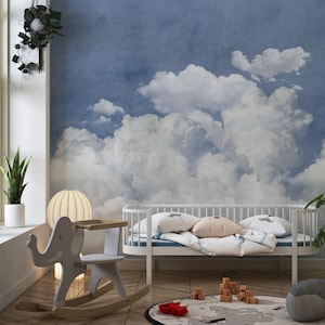 Murale con nuvole bianche, cielo azzurro vintage, carta da parati per cameretta, autoadesiva e rimovibile.