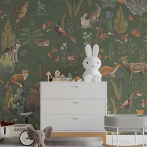 Whimsical Woodland Theme Wallpaper, Earthy Sage Green Animal Scene Forest Friends Wall Sticker, Removable Kids Room Baby Nursery Wall Mural