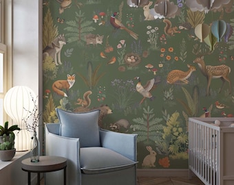 Whimsical Woodland Wallpaper | Sage Green Forest Animal Scene | Removable Kids Room Nursery Mural