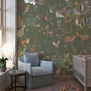 papier peint pour enfants FOREST FRIENDS sauge, animaux mignons dans la forêt, mur d'accent boisé animé, amovible avec pellicule de protection ou intissé