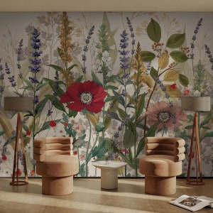 Wildflower Meadow Mural Poppy Lavender Floral Wallpaper Warm Neutral Cottagecore Peel and Stick Removable
