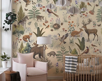 Woodland Animals Wallpaper Peel & Stick | Forest Friends Wall Mural | Gender Neutral Kids Room Decor
