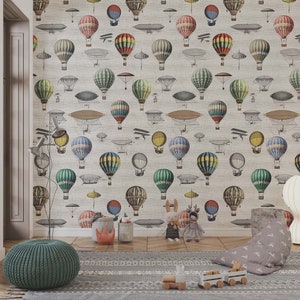 carta da parati per bambini AEROGRAPHIA, macchine volanti e mongolfiere su fondo in lino vintage, staccabile e incollabile o in tessuto non tessuto